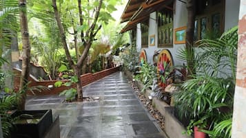 A pathway flanked by lush greenery and a building with a tiled roof.
