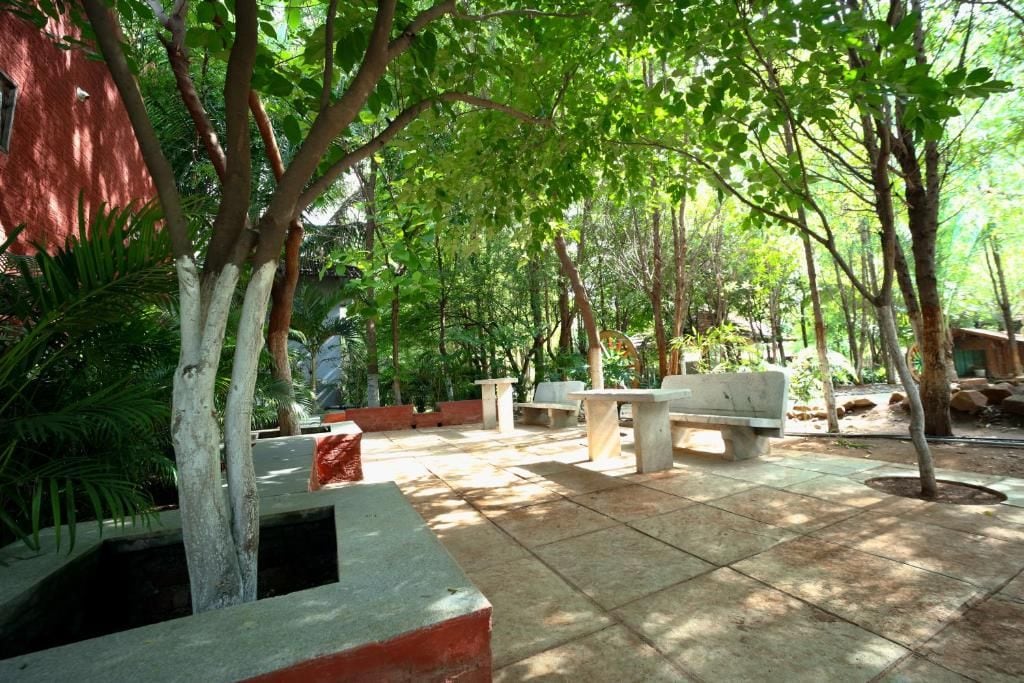 An outdoor patio area with stone flooring, benches, and trees providing shade.