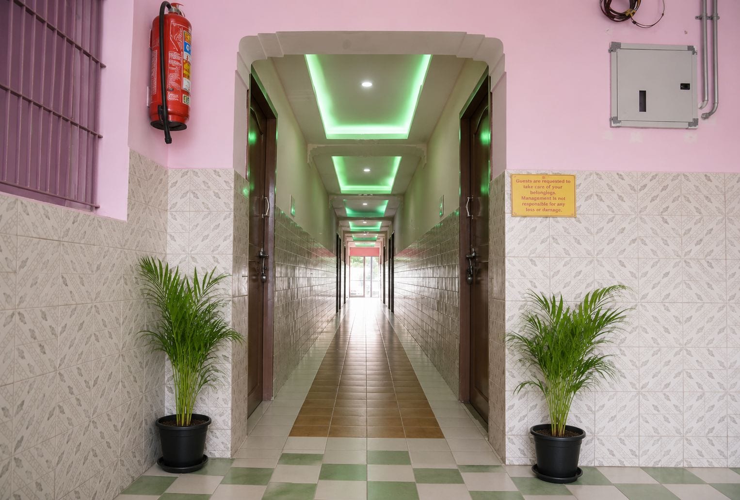 A hotel corridor with a checkered floor, green ceiling lights, a fire extinguisher, and potted plants.