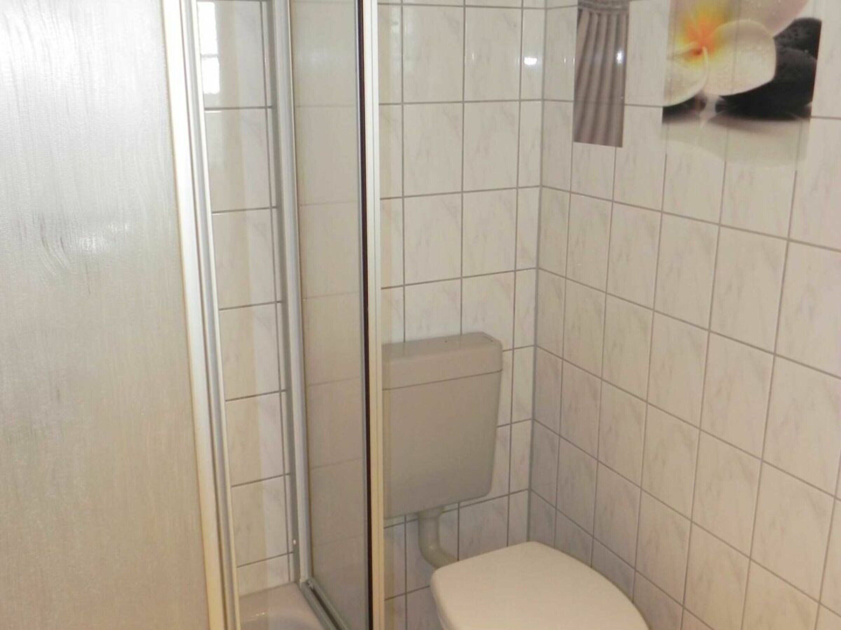 A small, enclosed bathroom with a toilet, a shower area, and tiled walls.