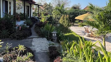 A covered outdoor area with a pathway leading to a building, surrounded by various plants and a clear blue sky.