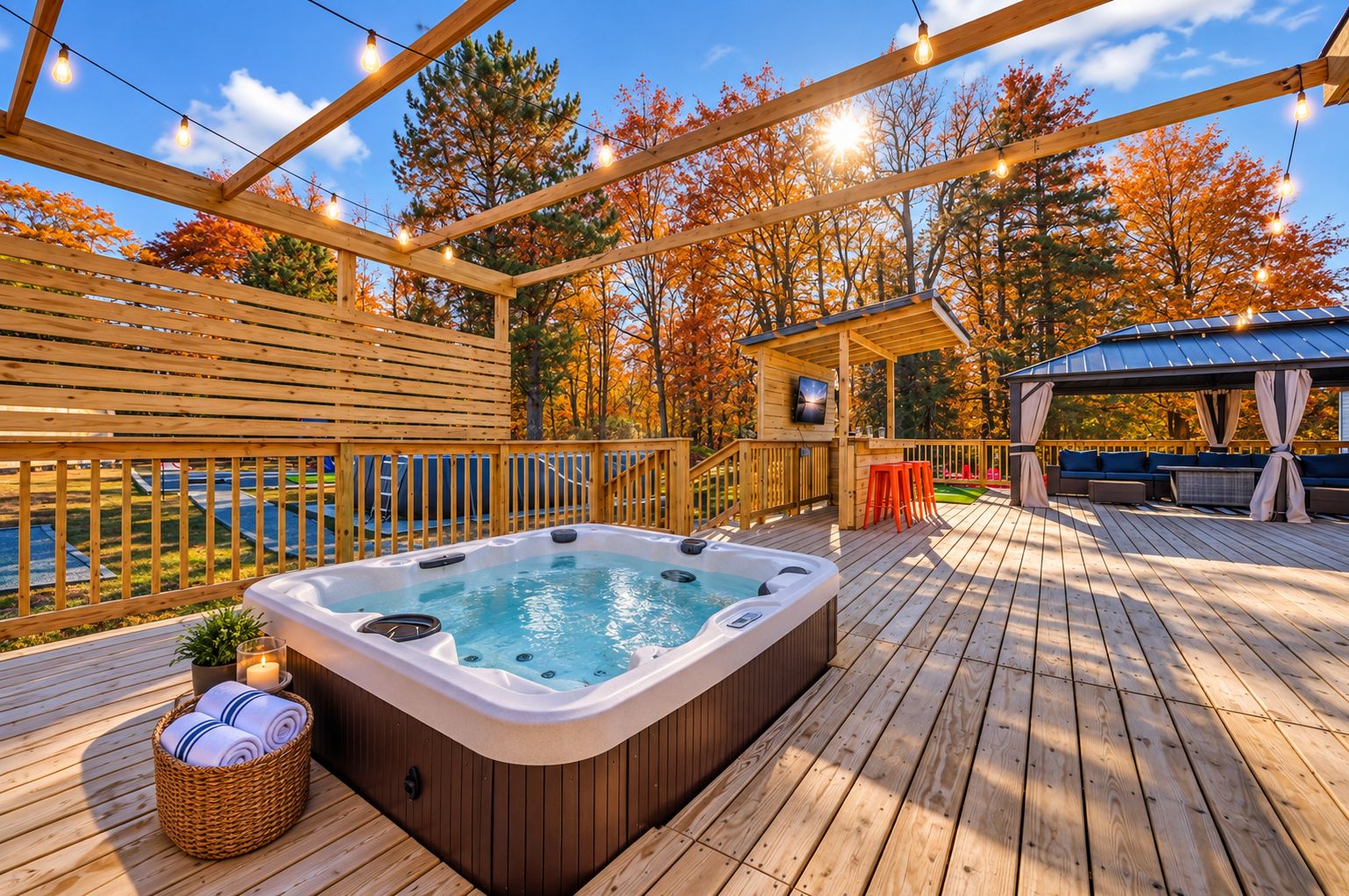 A wooden deck with a hot tub, outdoor seating, and a covered area.