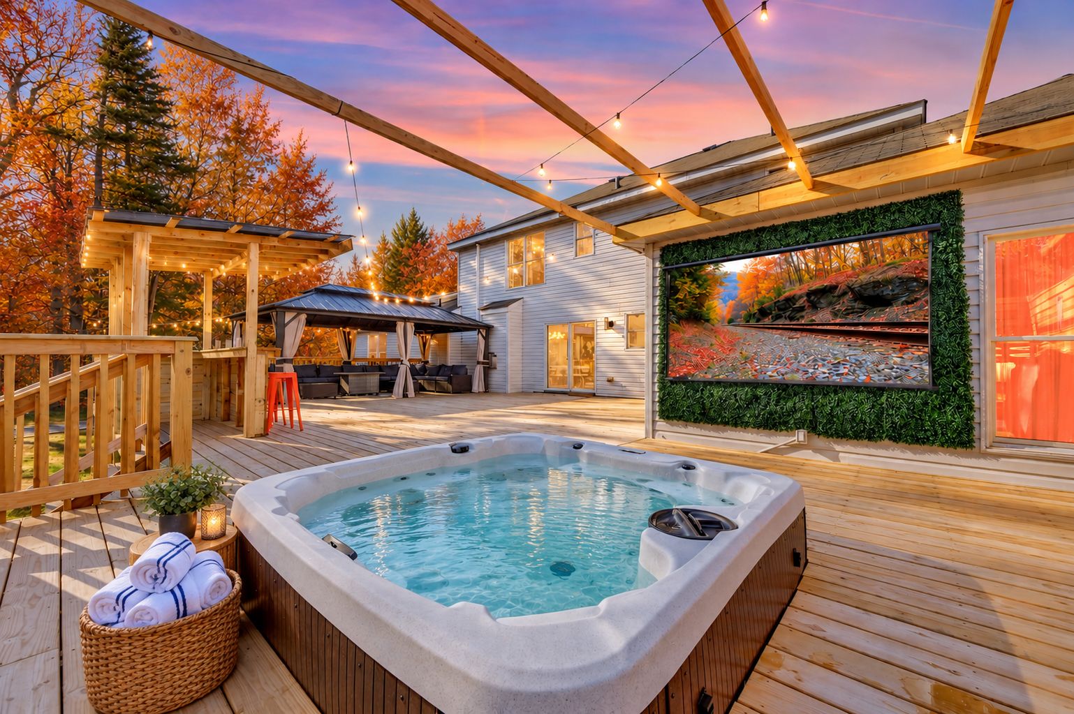 A hot tub on a wooden deck with a covered seating area and a wall-mounted aquarium.