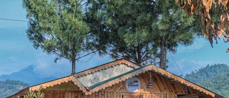 A wooden cabin with a pitched roof, surrounded by lush greenery and trees.