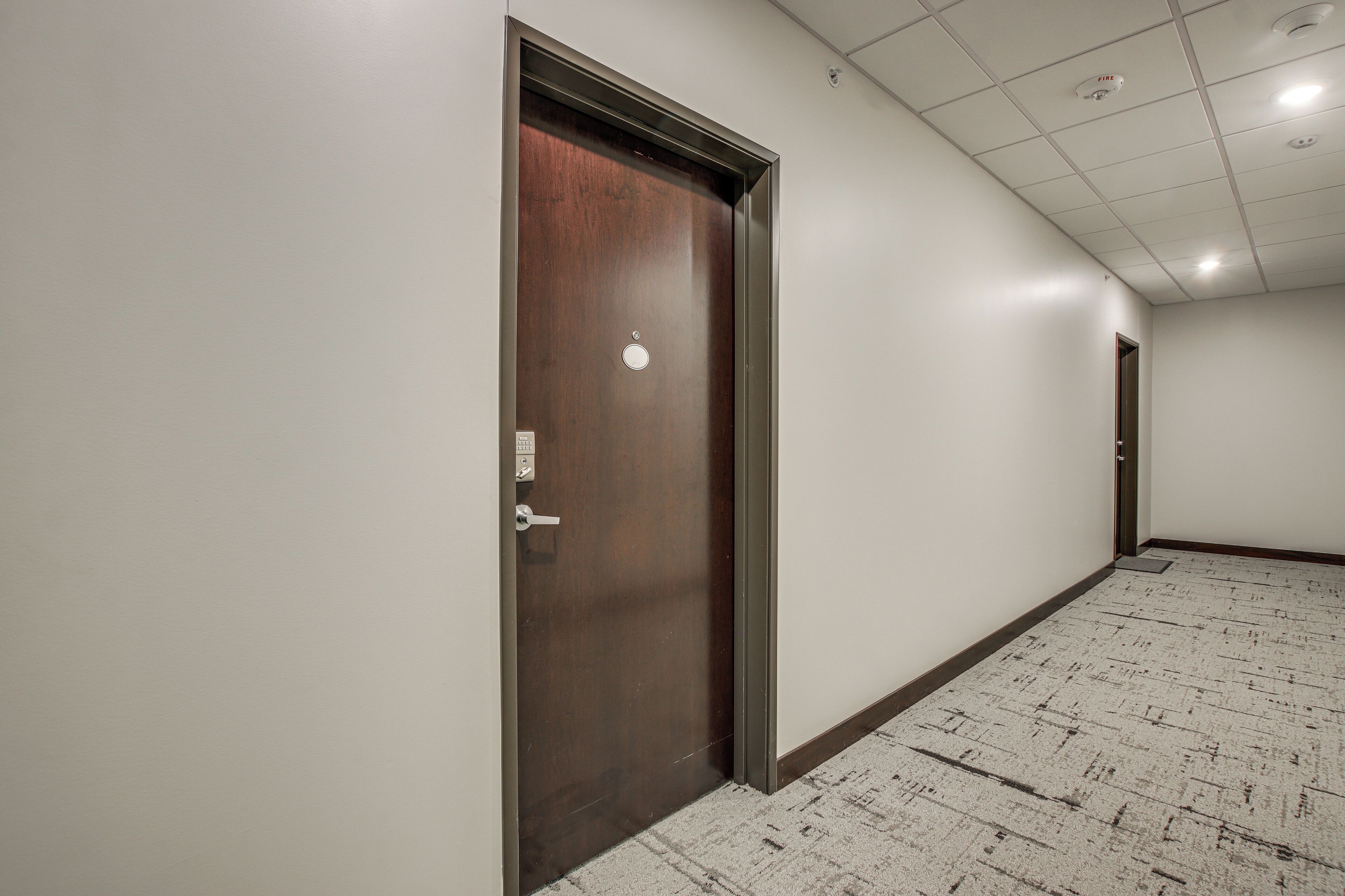 A hallway with a wooden door, a fire alarm on the ceiling, and a carpeted floor.