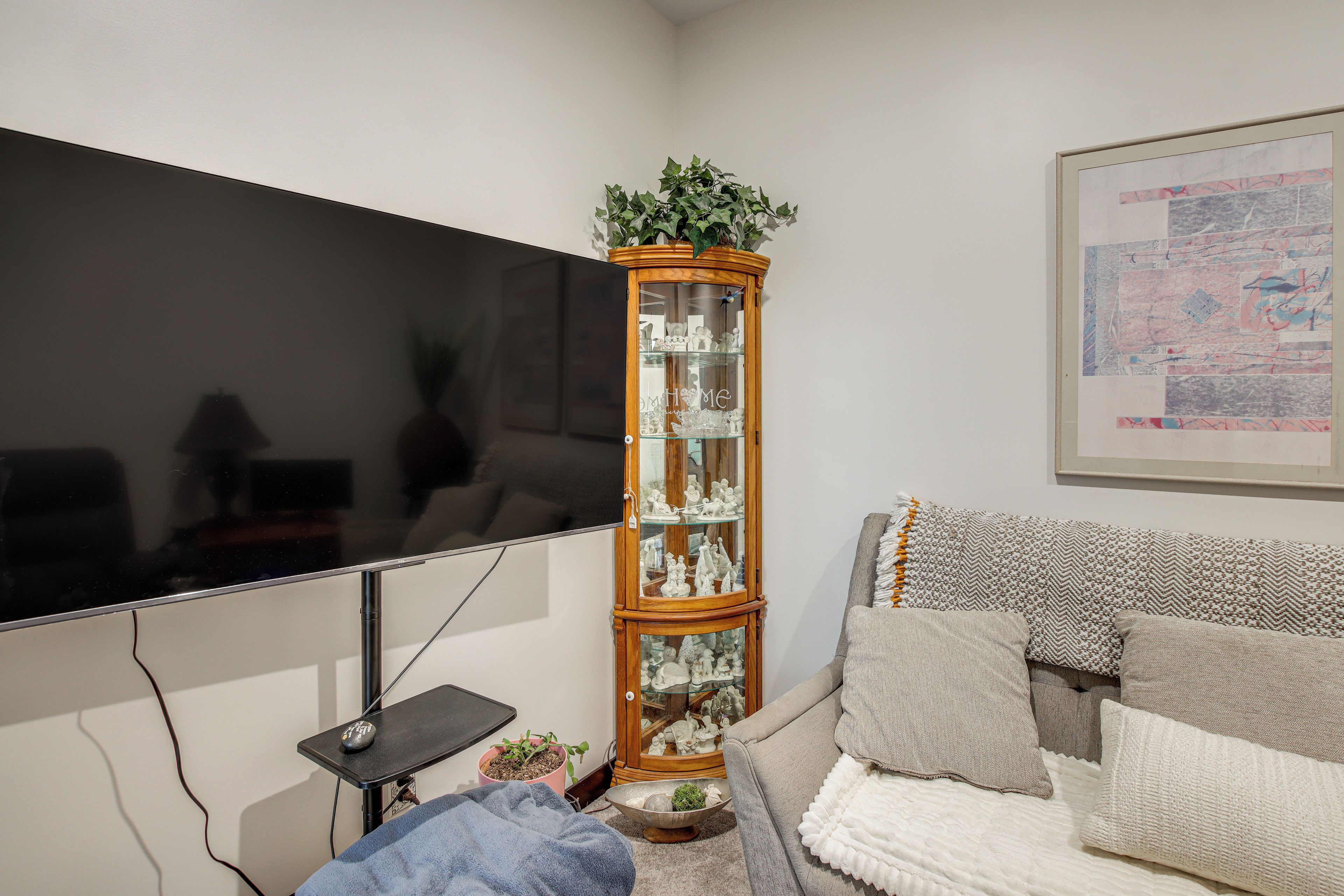 Un salon avec un téléviseur à écran plat, un meuble en bois doté de portes en verre, un canapé avec des coussins à motifs et une carte encadrée accrochée au mur.