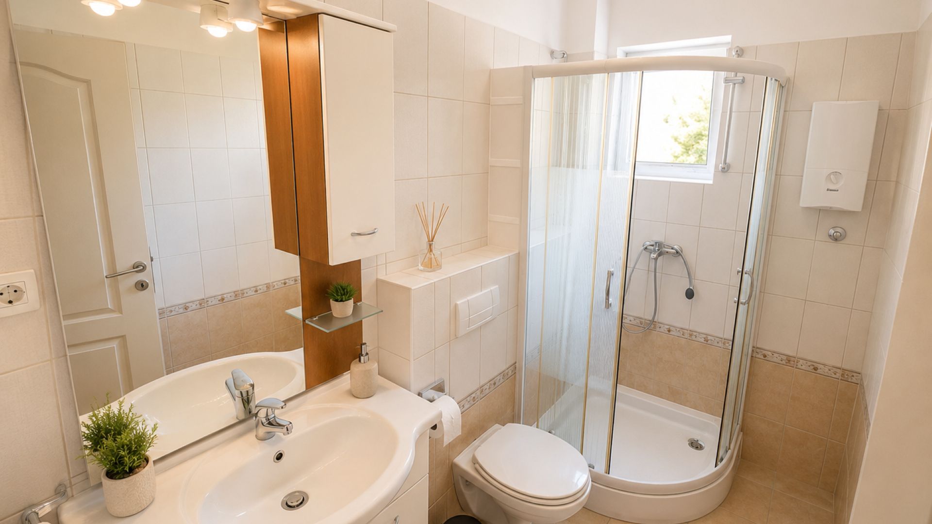 Un bany modern amb dutxa d'acer vitrificar, un lavabo blanc i un vàter.