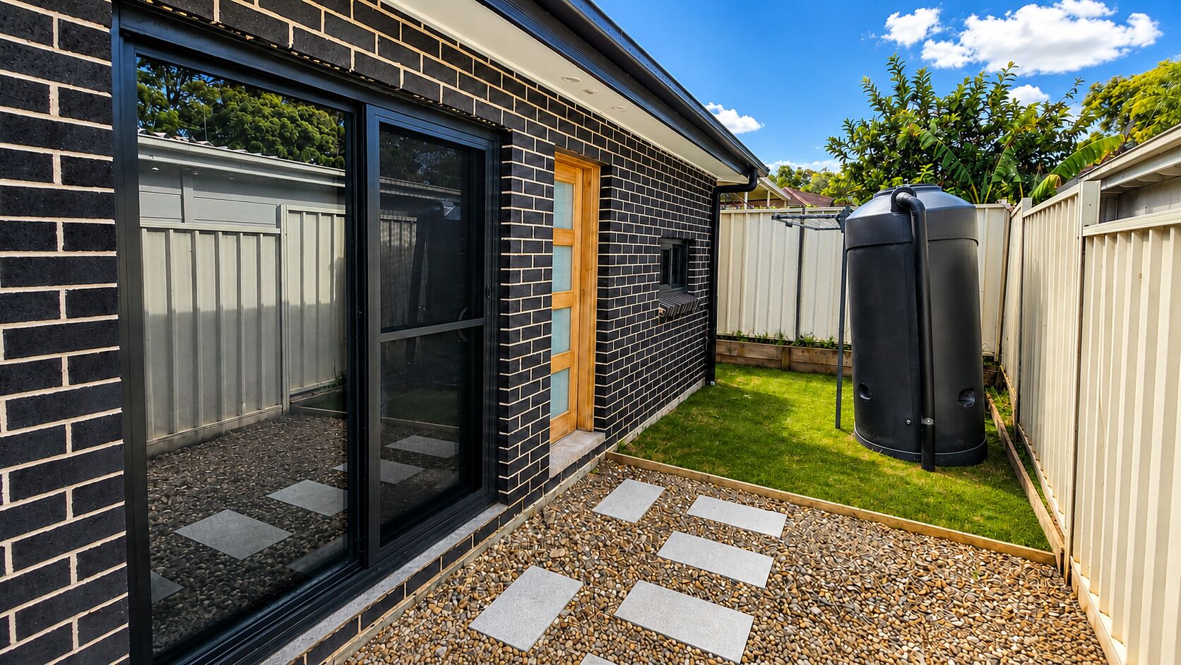 A residential backyard with a paved patio, a wooden door, a black trash bin, and a white fence.