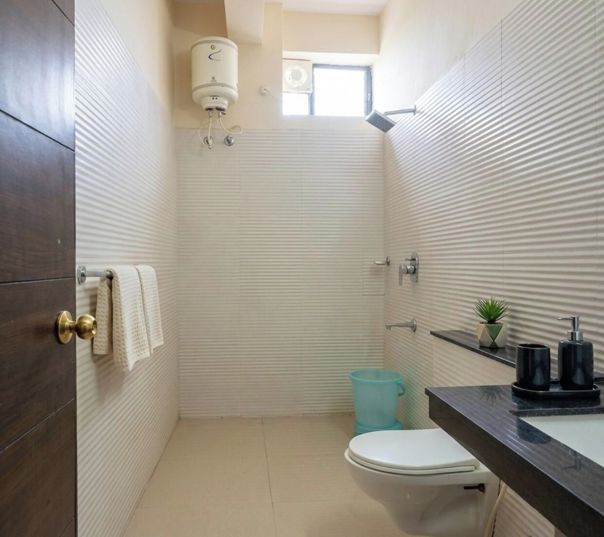 A compact bathroom with a toilet, a sink, a towel rack, a shower head, and a small potted plant.