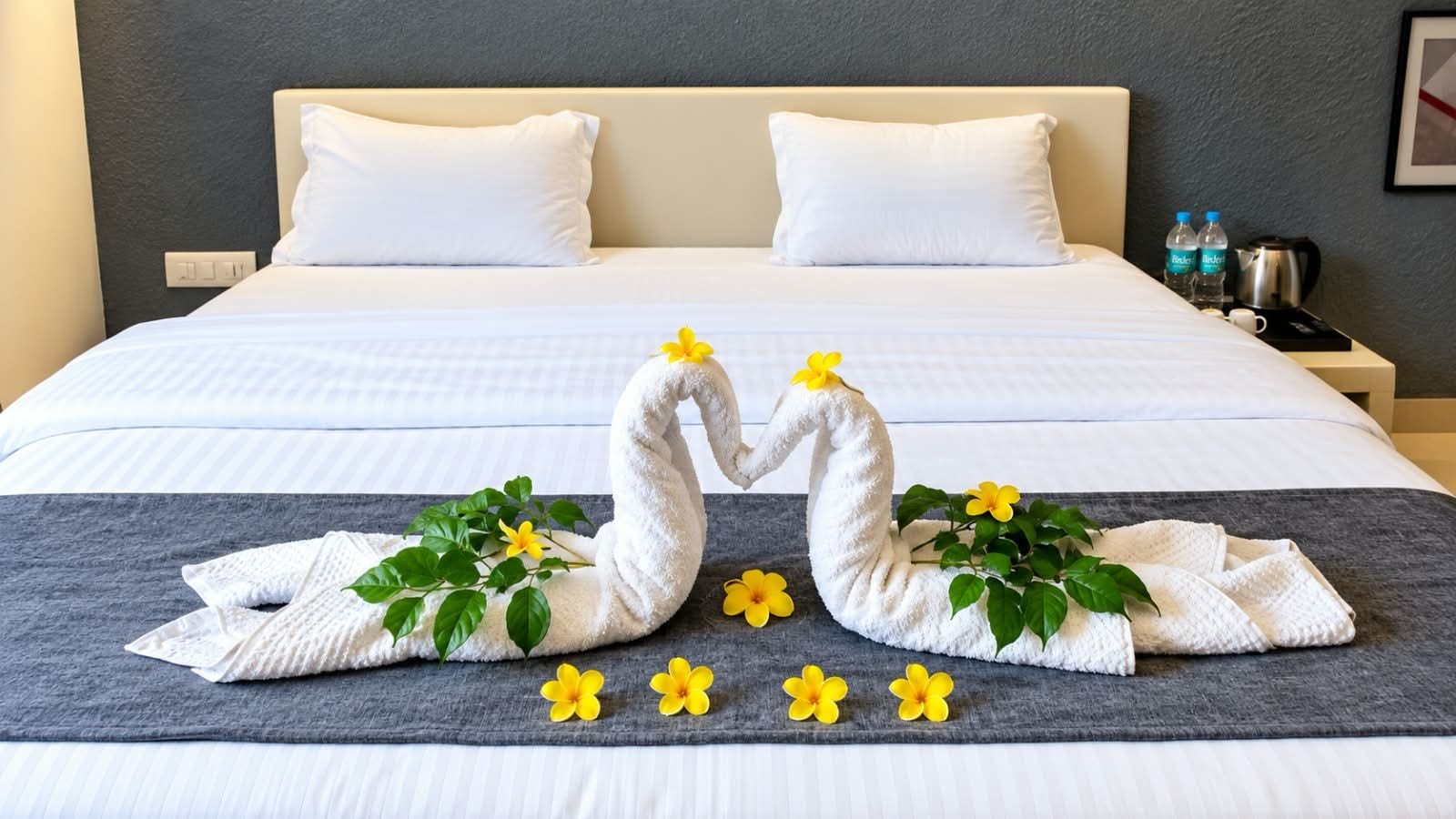 A neatly made bed with white linens and a decorative towel swan centerpiece.