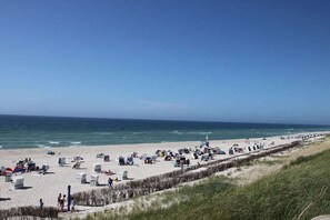 Ein Strand mit vielen Liegestühlen und Sonnenschirmen, ein sandiger Uferstreifen und das Meer im Hintergrund.