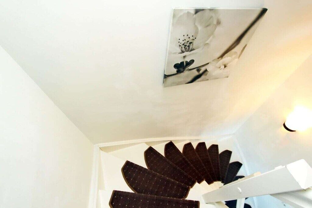 A spiral staircase with a white wall and a framed picture above it.