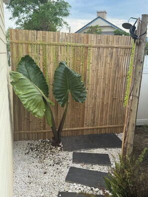 Un jardin avec une grande plante à larges feuilles, une clôture en bois et des pas japonais.