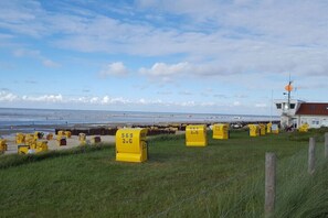 Ein Strand mit gelben, nummerierten Markierungen, ein Gebäude mit rotem Dach und ein klarer Himmel.