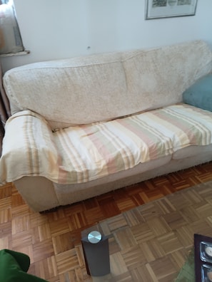 Ein beiges Sofa mit einer gestreiften Decke, einem kleinen Mülleimer und einem Holzboden mit Muster.