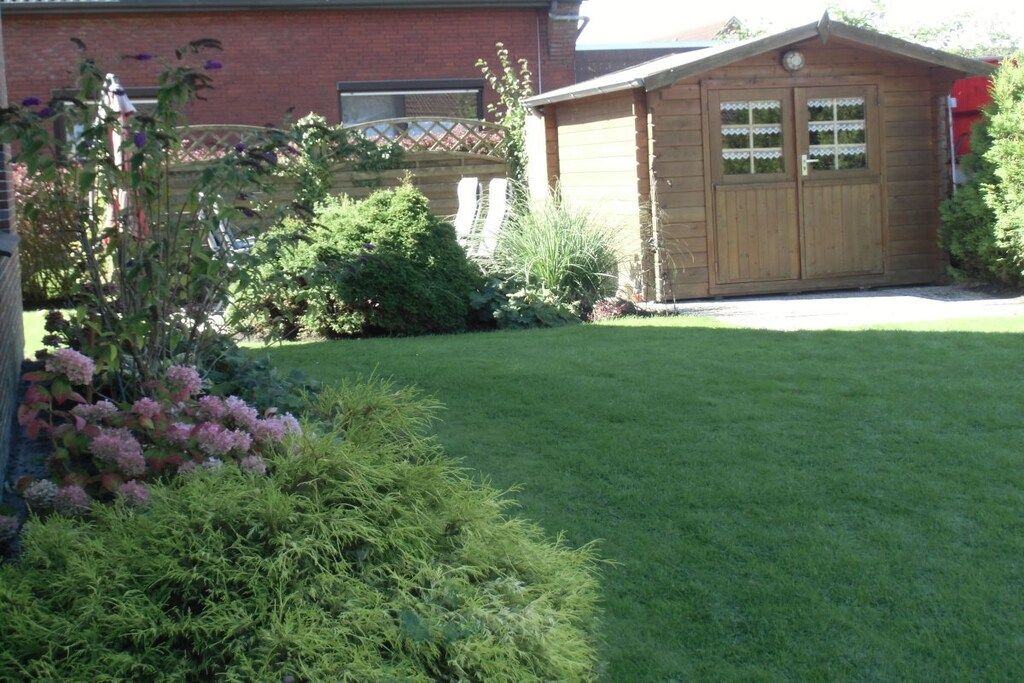 A wooden shed with two windows, surrounded by a well-maintained lawn and various shrubs.