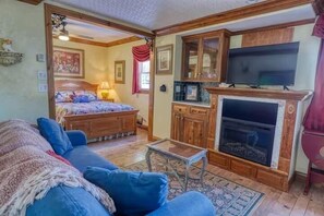 Una stanza con un letto, un divano, un camino e una televisione.