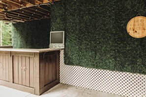A wooden bar area with a television, surrounded by a green wall and a white lattice fence. - Cove Living! Lake Gaston Home w/ Dock & Bar (Bracey)