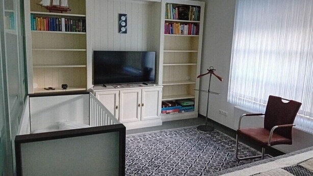 A living room with a flat-screen TV, built-in bookshelves, a patterned rug, and a single chair. - Holiday home in Wingst with swimming pool (Wingst)