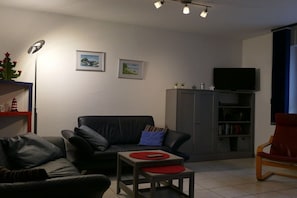 Una sala de estar con un sofá, una mesa de centro, un televisor y una estantería.