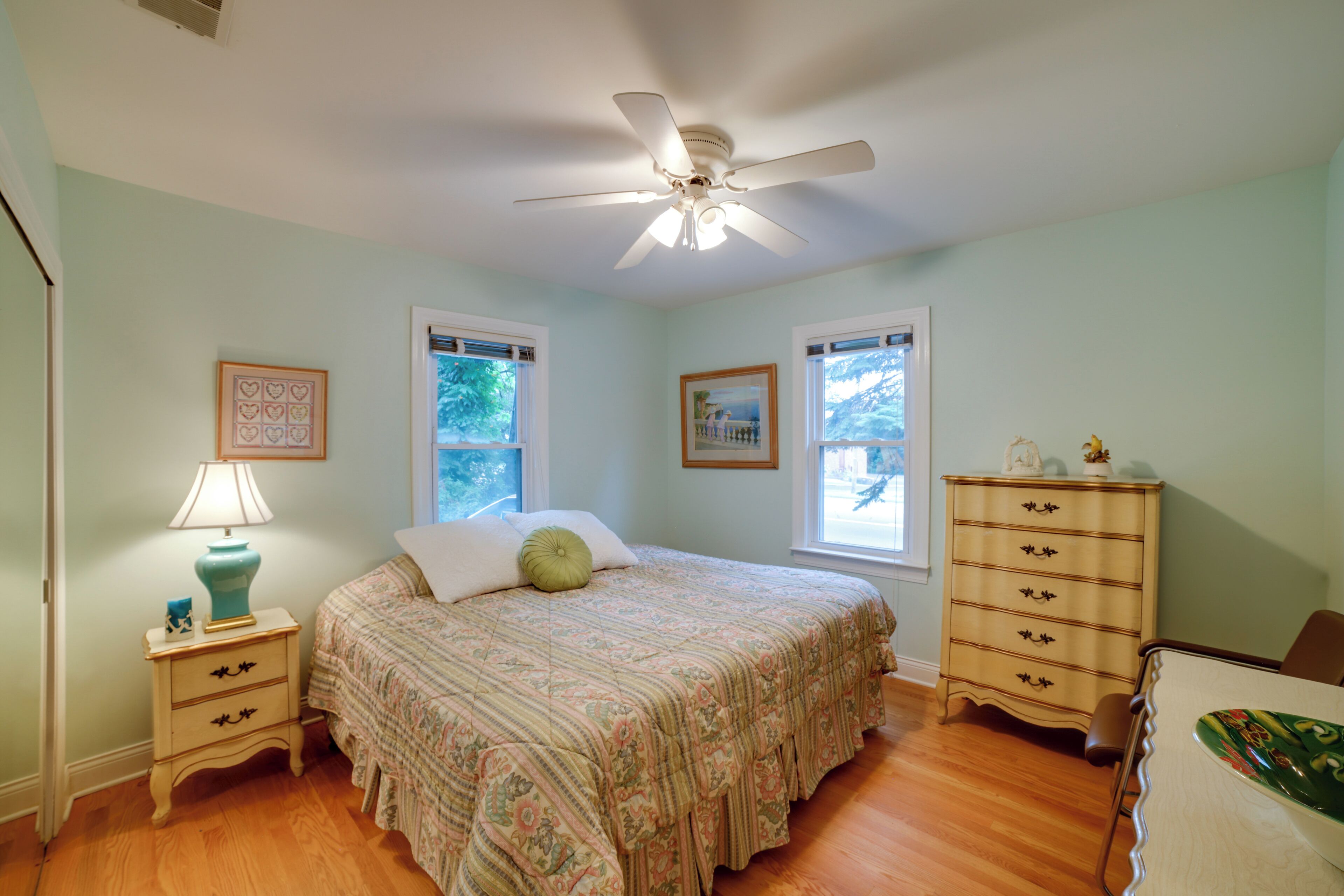 A bedroom with a bed, a nightstand, a dresser, a ceiling fan, and two windows.
