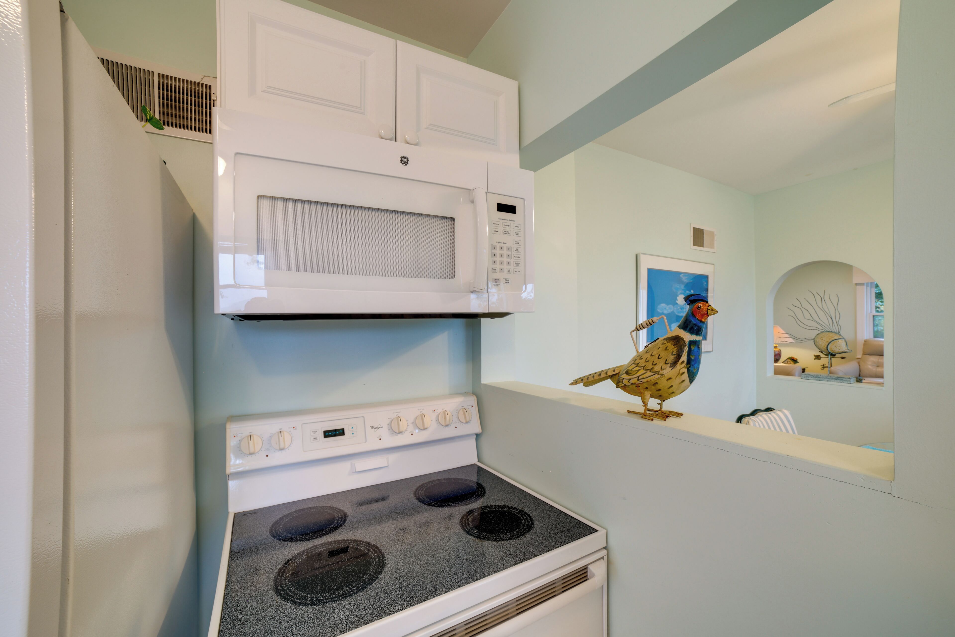 Una cucina con un forno a microonde bianco, un fornello e un uccellino decorativo al muro.