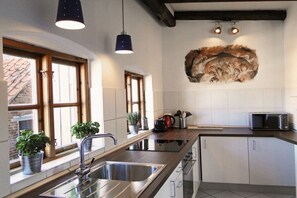 A modern kitchen with a built-in oven, stainless steel sink, and a microwave. There are two pendant lights, a window with a view of the outside, and a decorative wall feature. - Above the Kattsund || Eckernförde (Eckernförde)