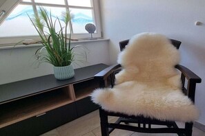 A chair with a fluffy seat facing a window with a plant on the sill. - Thatched House Black Pearl (Zierow)