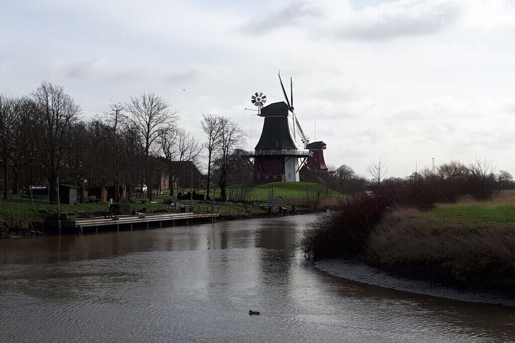 A windmill by a river with a park and buildings in the background.