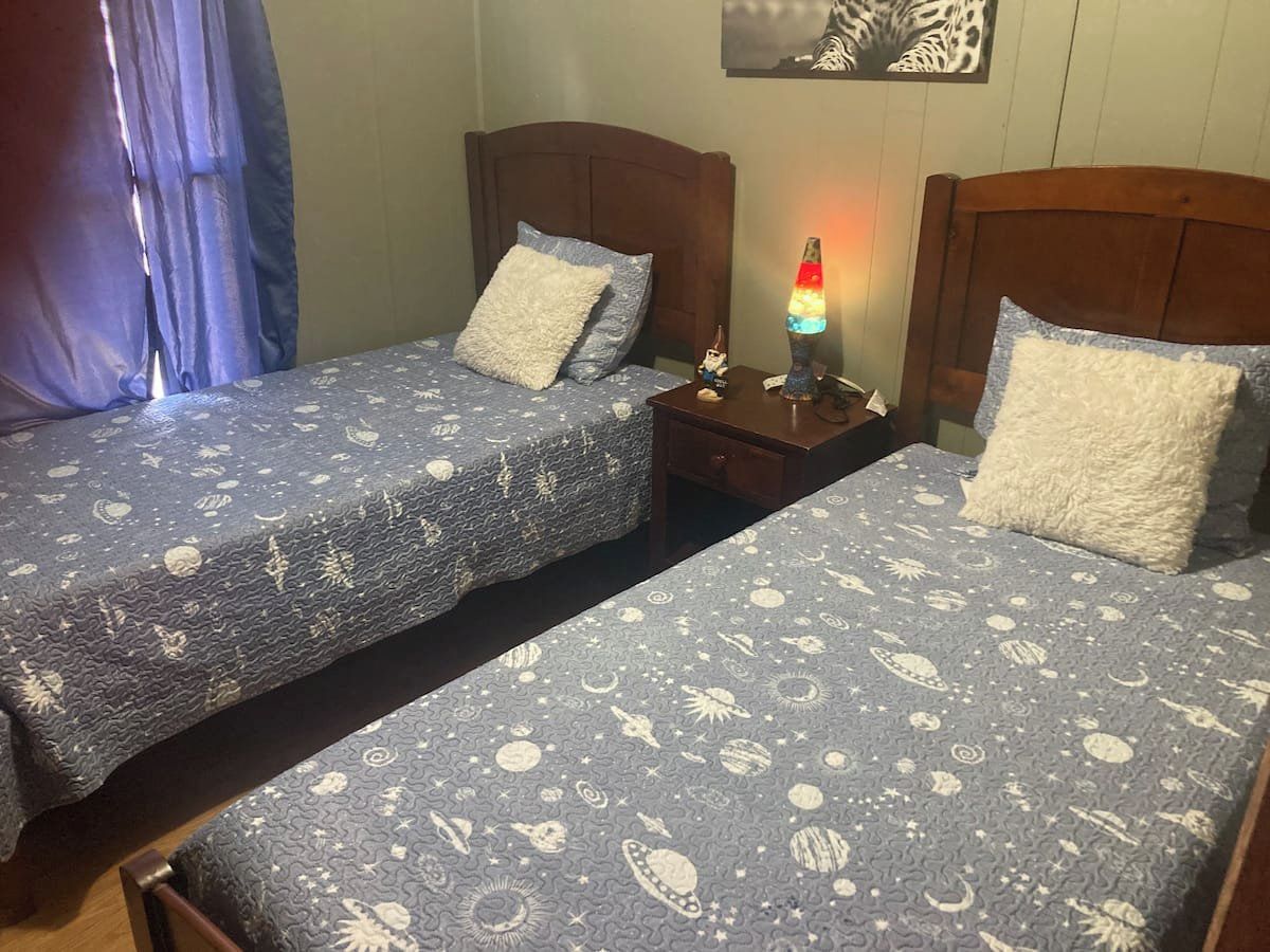 Une chambre avec deux lits, chacun recouvert d’une couvre-lit à motifs, une table de chevet avec une lampe à lave et un mur orné d’un tableau encadré.