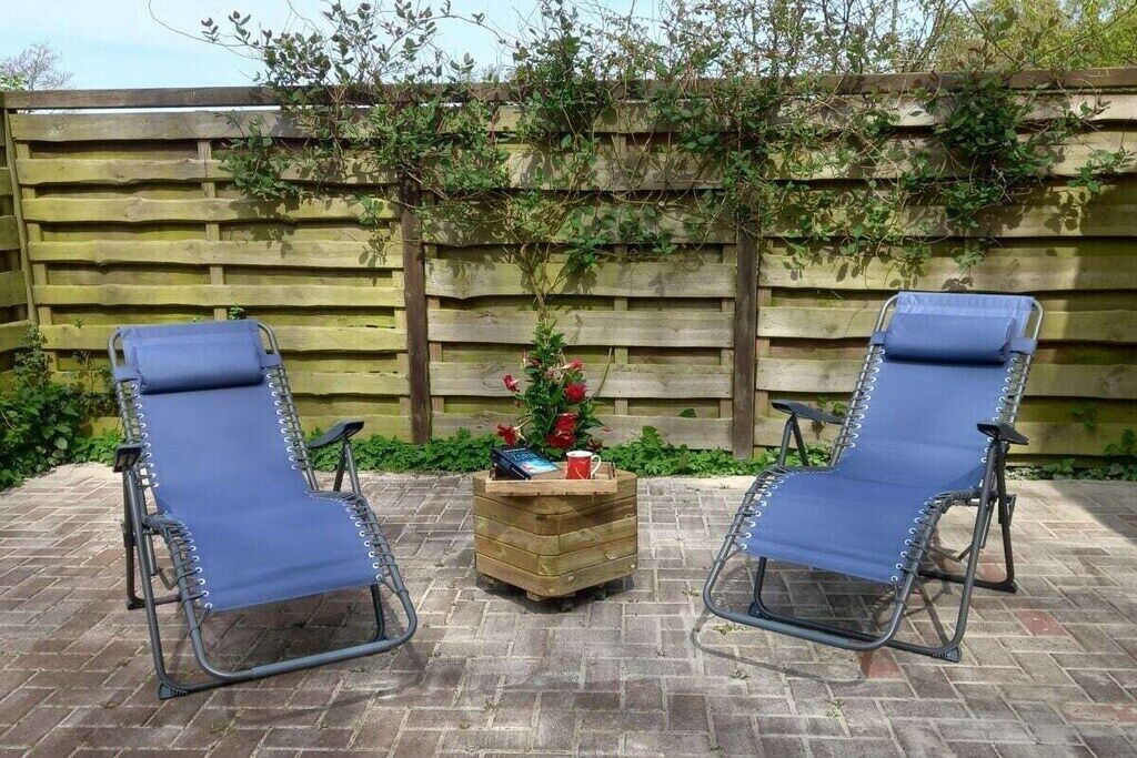 Two blue lounge chairs with metal frames, a wooden planter box with flowers and a red mug, and a wooden fence with climbing plants.