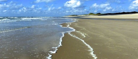 Una playa con olas que llegan a la orilla, cielo despejado y colinas distantes.