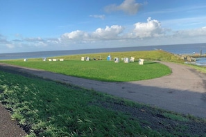 Eine Küstenlandschaft mit einem gepflasterten Weg, der zu einem Rasenfeld mit mehreren weißen Gebäuden, möglicherweise Strandhütten, und einem Steg, der sich ins Wasser erstreckt, führt.
