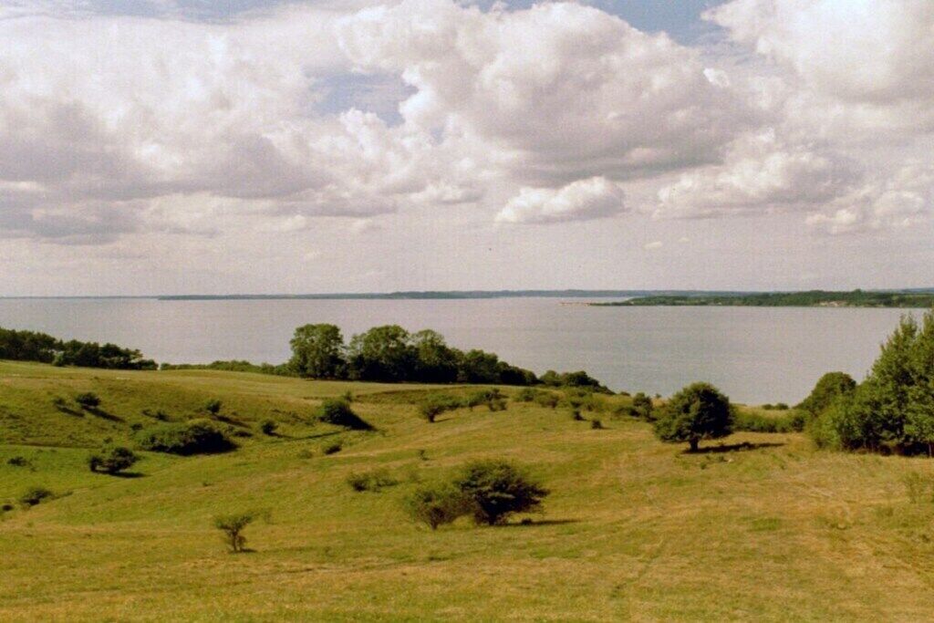 A landscape with a body of water, rolling hills, and scattered trees.