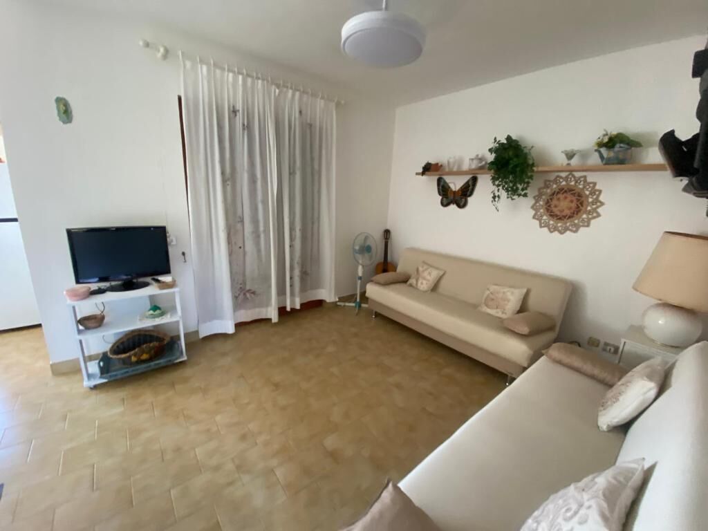 Un salon avec un canapé, un téléviseur et des objets décoratifs accrochés au mur.