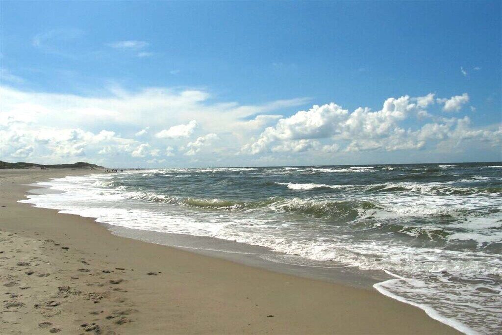 A beach with waves, a clear sky, and a distant shoreline.