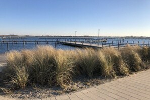 Ein Uferweg mit einer hölzernen Pier, die ins Wasser führt, umgeben von hohem Gras.