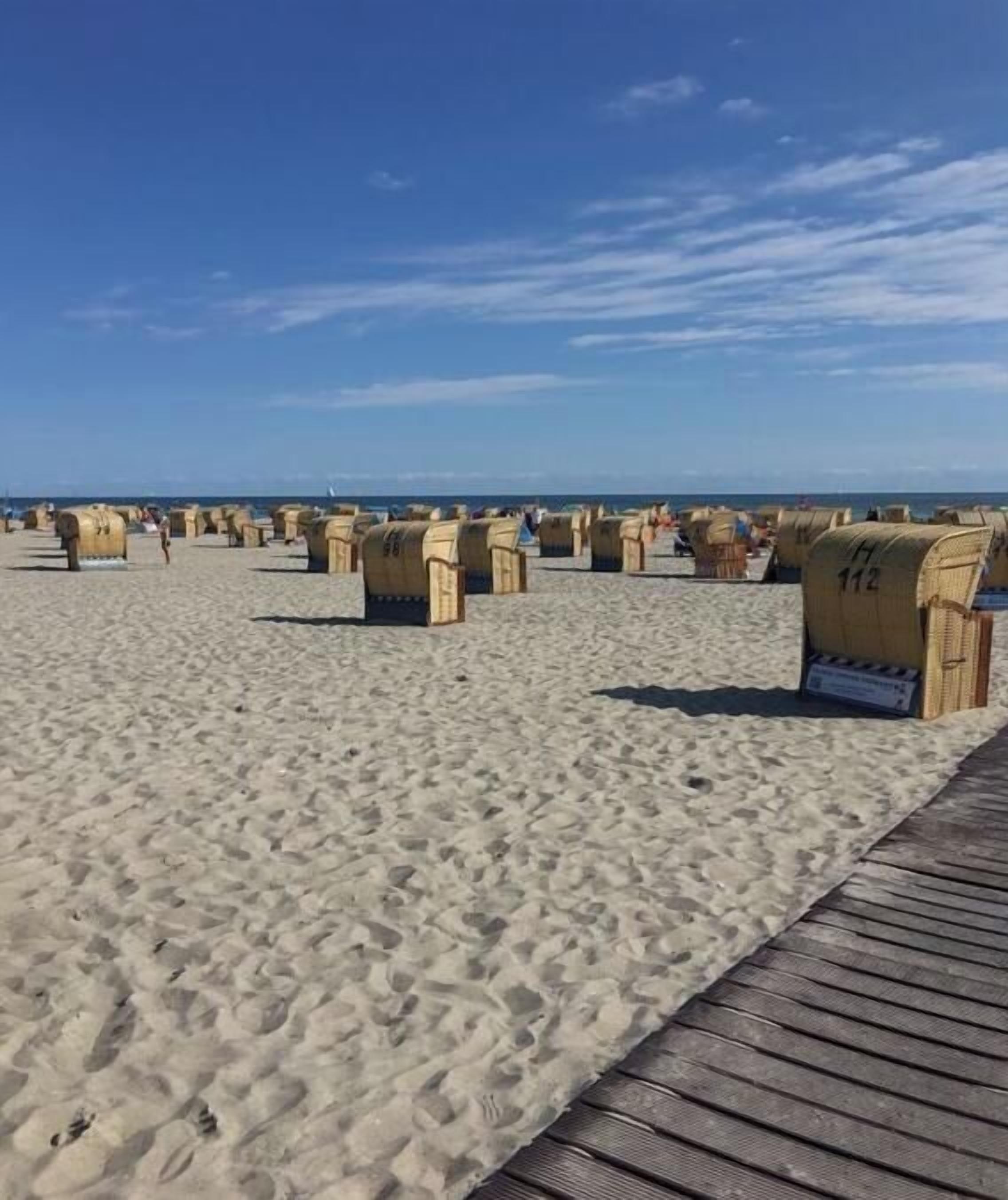 A beach with rows of wooden bunk beds labeled with numbers.