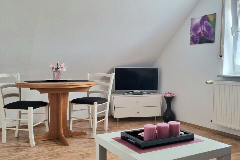 Una habitación con una mesa de comedor, sillas, un televisor, un mueble bajo y una ventana con una pintura de flores.