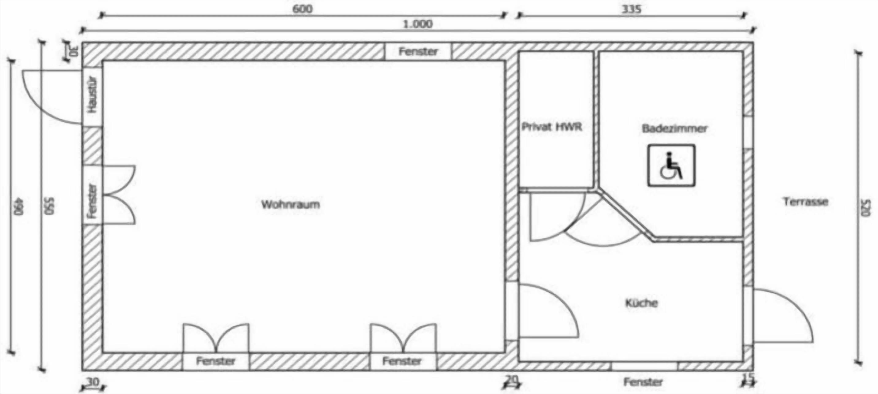 En planritning som visar vardagsrum, kök och privat badrum, inklusive ett område som är tillgängligt för rullstolsburna.