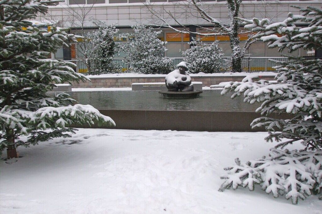 Un espace extérieur enneigé, avec une fontaine et des arbres couverts de neige.