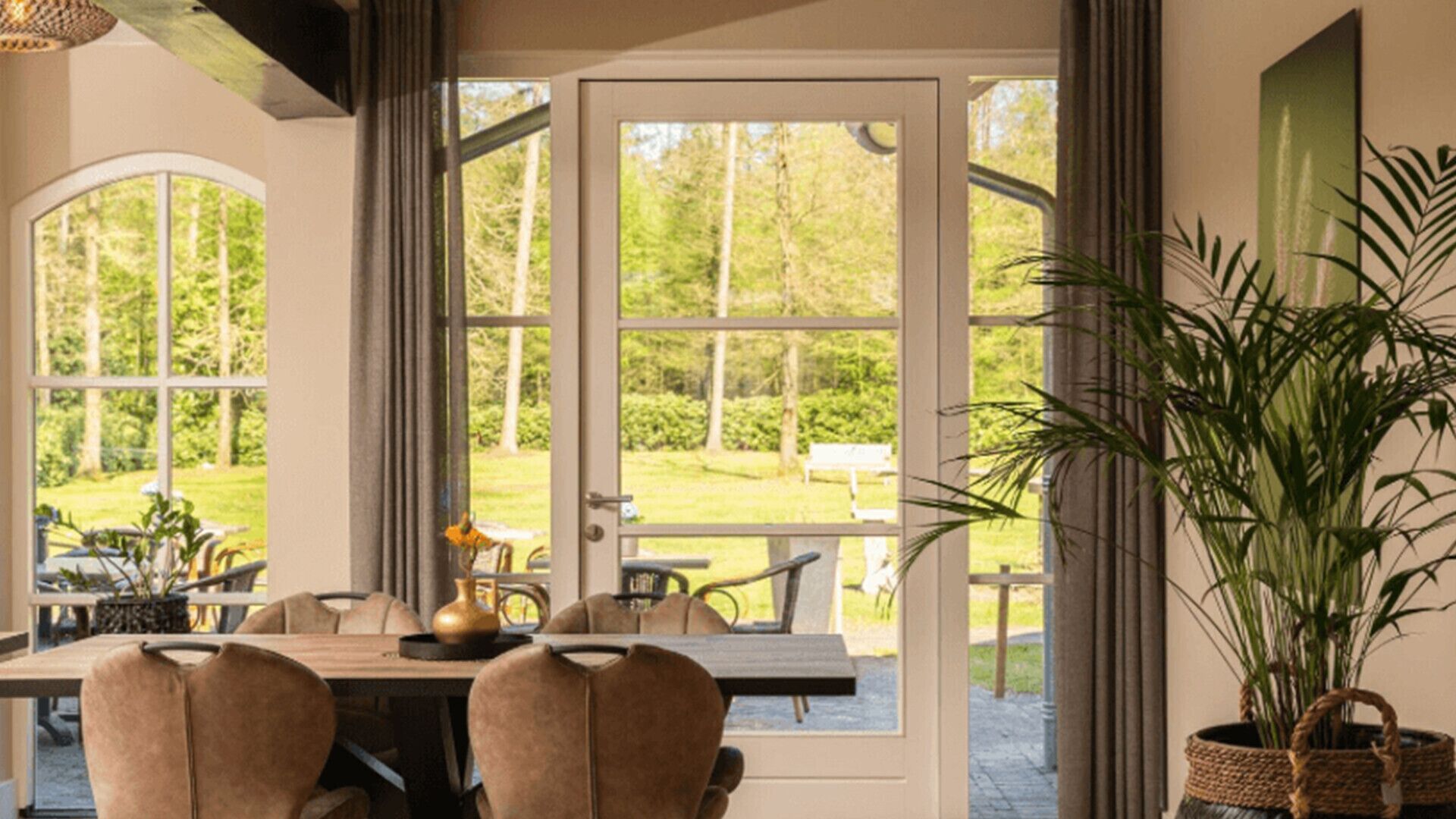 Un comedor interior con una mesa, sillas, ventanas amplias y una planta en maceta.