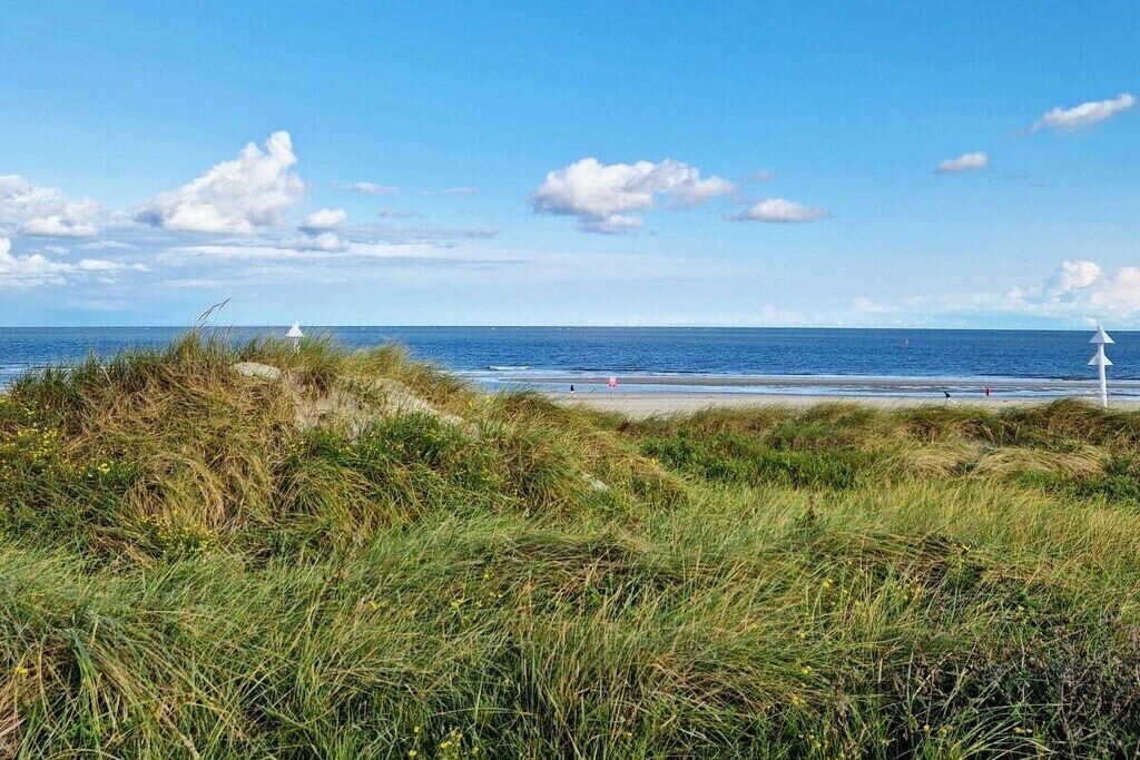 A beach with dunes and a clear sky.