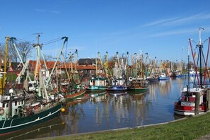 A marina with multiple boats docked, a building with a red roof, and calm water reflecting the boats. - Holiday apartment with 2 bedrooms (Greetsiel)