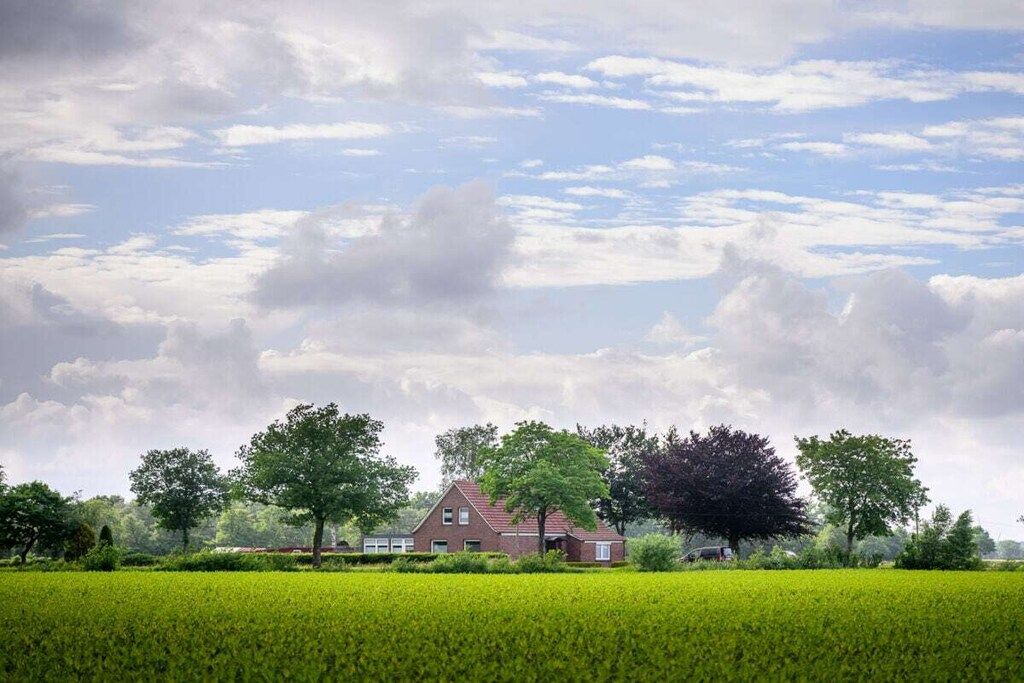 A house with a red roof, surrounded by a green field and trees, under a partly cloudy sky.