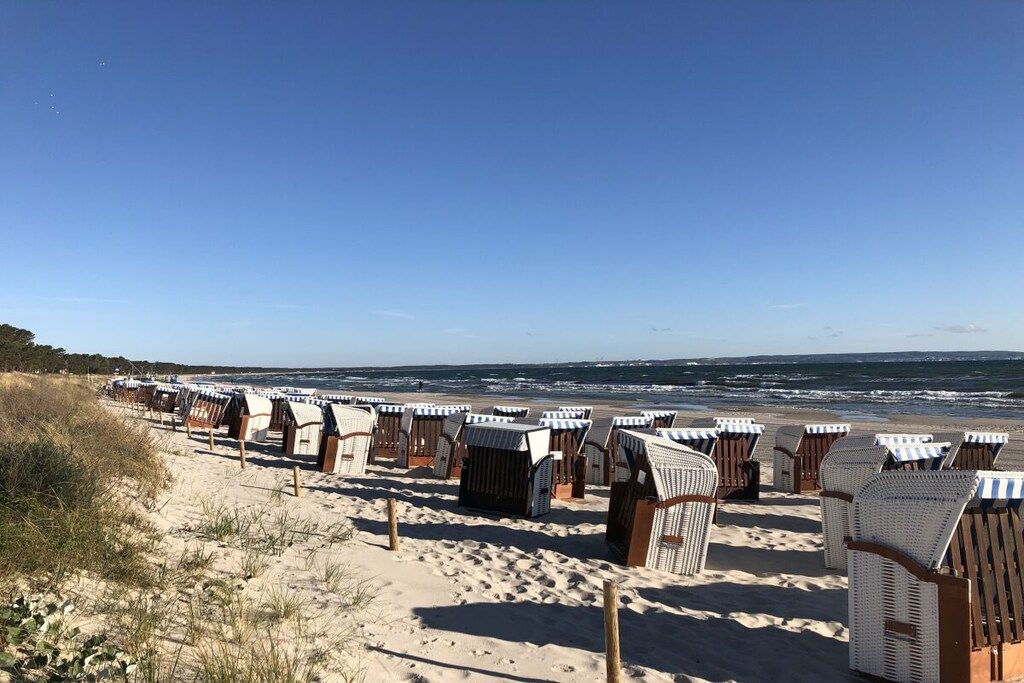 A beach with rows of beach huts and the ocean in the background.