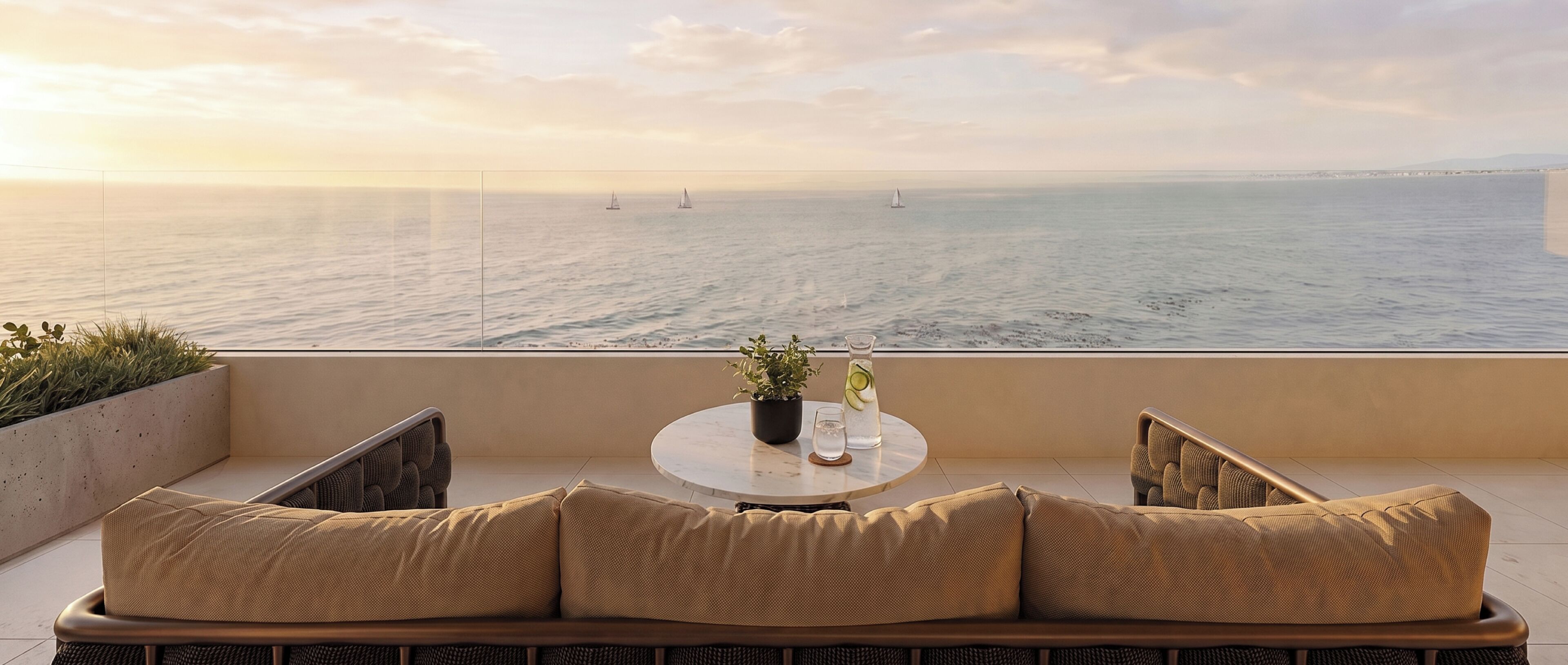 A balcony with a view of the sea, a round table with a plant and a glass of water, and a sofa with cushions.
