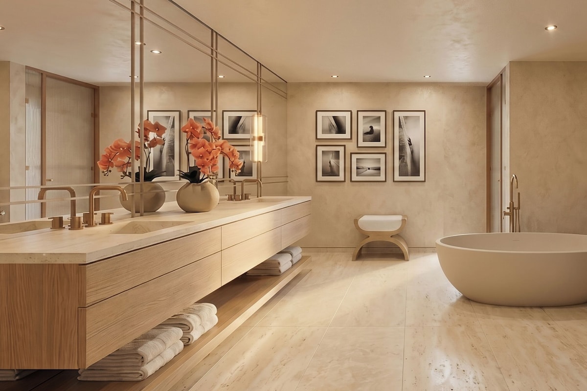 Une salle de bain moderne avec une grande baignoire, un meuble-lavabo avec un miroir et des tableaux encadrés accrochés au mur.