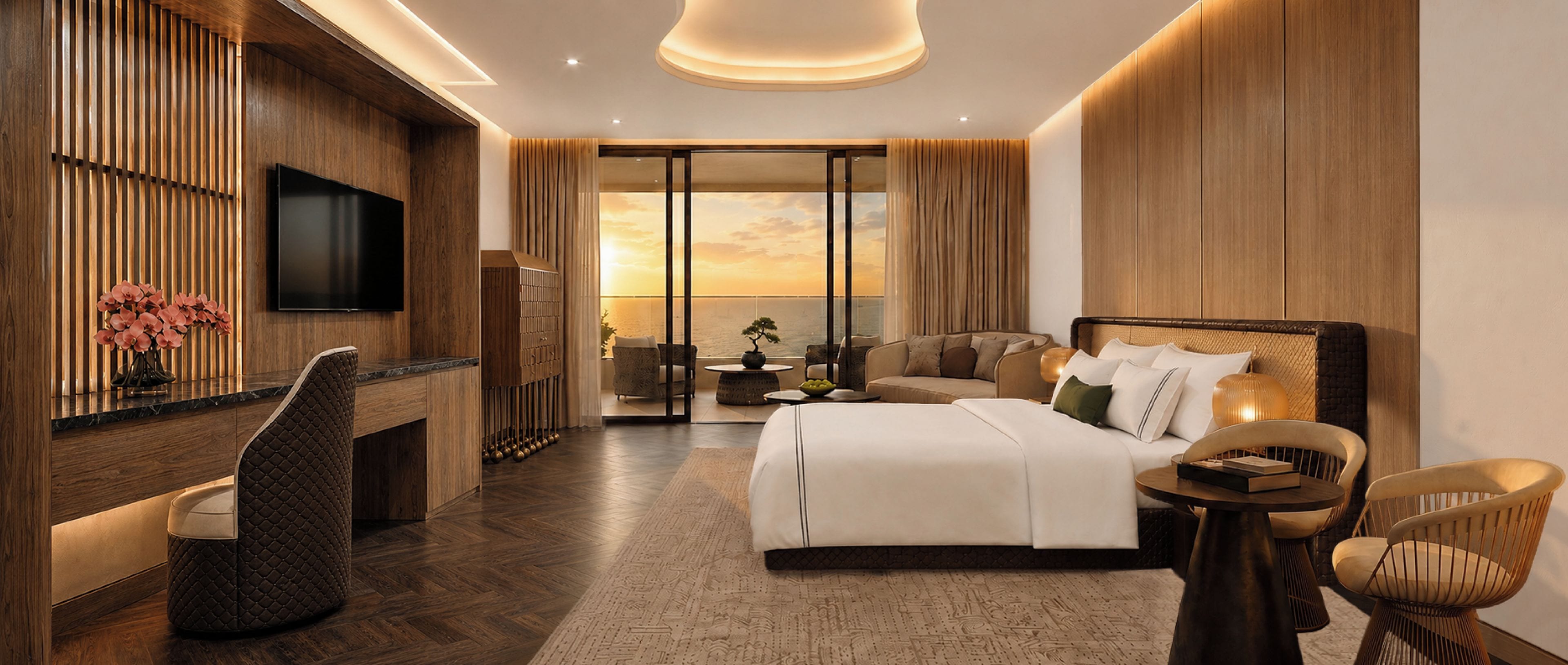 Ein modernes Hotelzimmer mit Bett, Sitzgelegenheit und Fernseher.