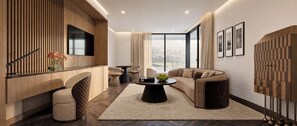 A modern living room with a sofa, a coffee table, a TV, and a view of the city. - O'Two Hotels - Mar (Cape Town)
